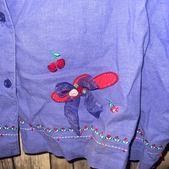 Vintage Koret purple embroidered button front linen blend top, size XL - Picture 3 of 8
